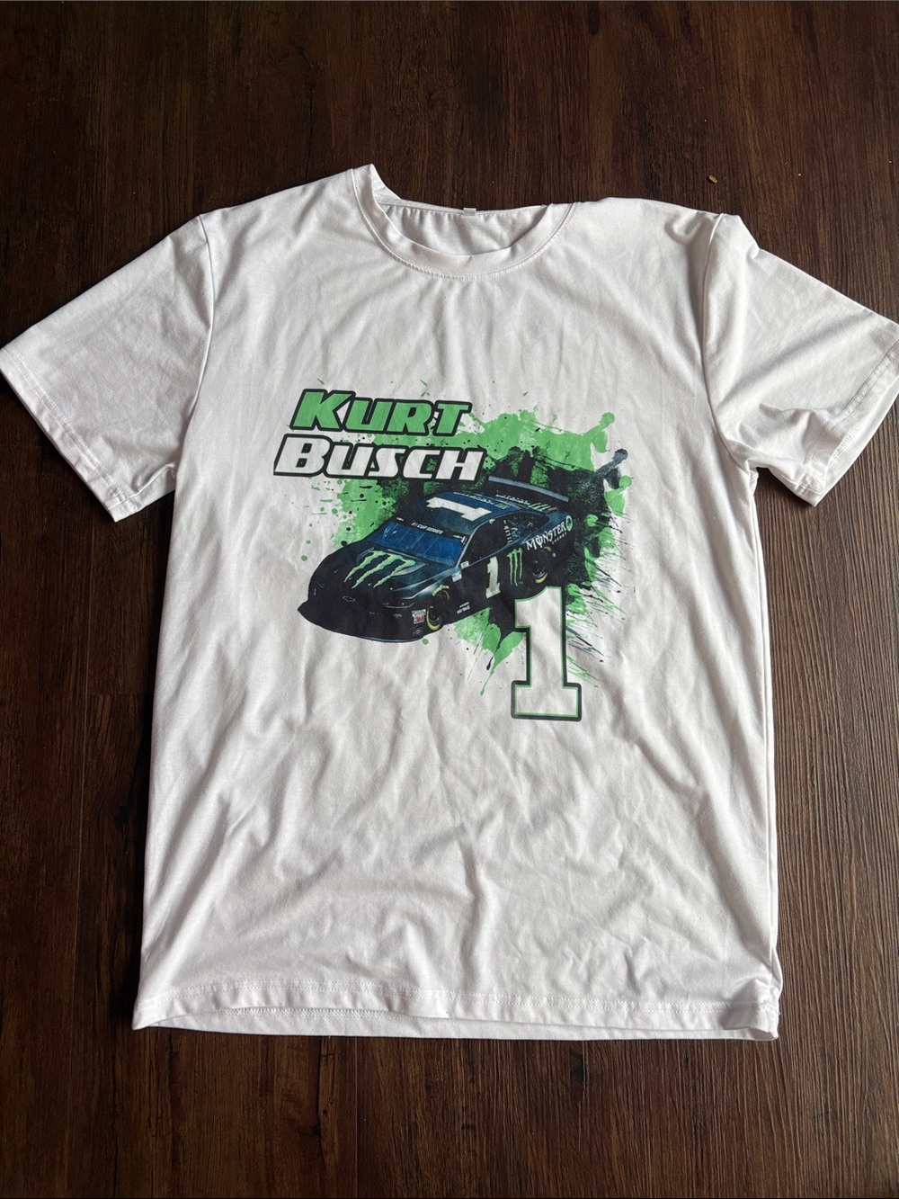 Kurt Busch White Graphic Tee with Race Car Print